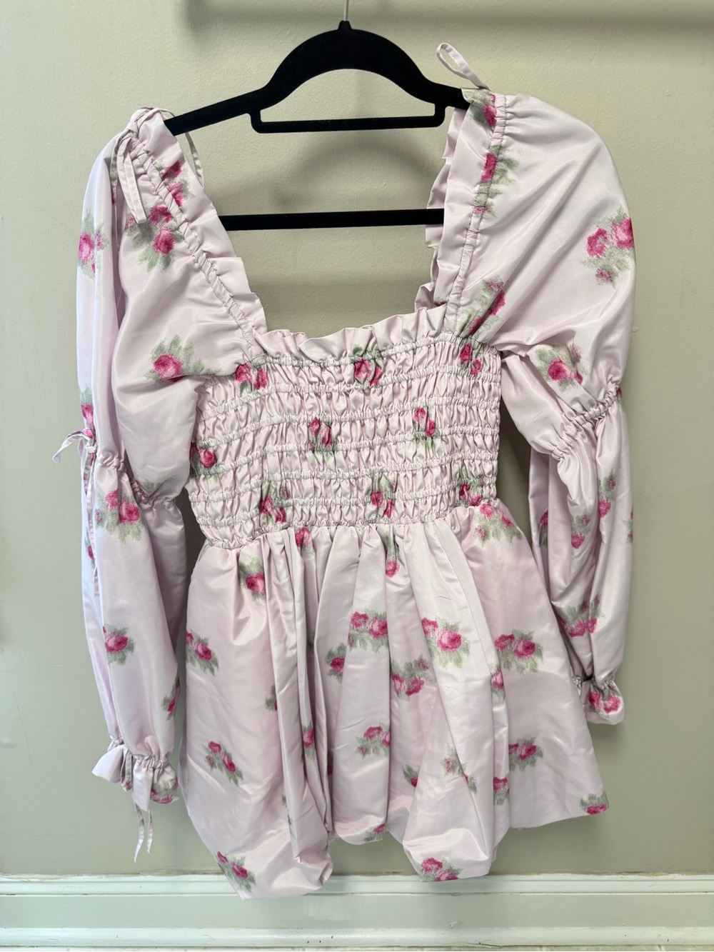 LoveShackFancy Pink Floral Smocked Puff-Sleeve Blouse